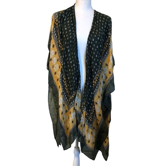 WOVEN HEART Cardigan Women's Size XL Green Yellow Long Open Front Sweater - Picture 1 of 9